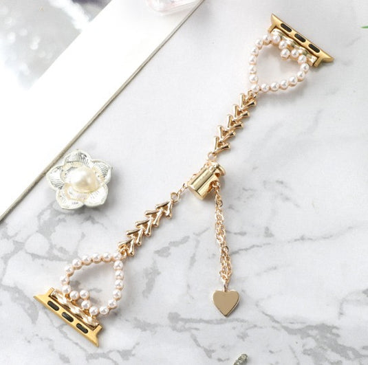 BLOSSOM PEARL HEART APPLE WATCH BAND - GOLD